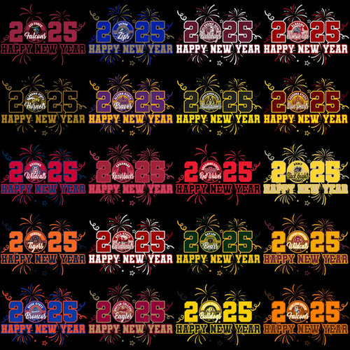 2025 Happy New Year college team designs with fireworks, print-ready for DTF/DTG and embroidery