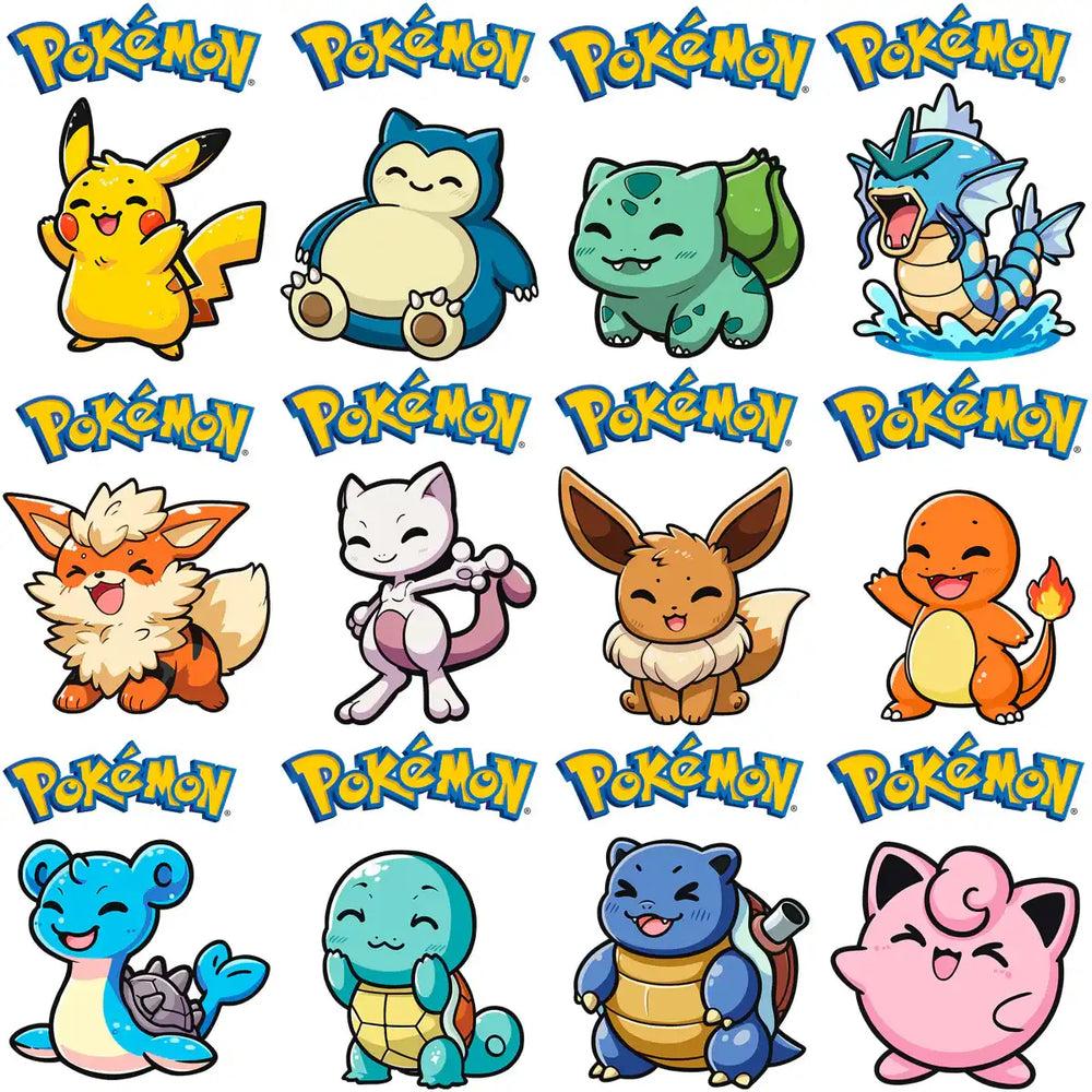 Cute Pokémon characters including Pikachu, Eevee, and Charmander for print-ready designs