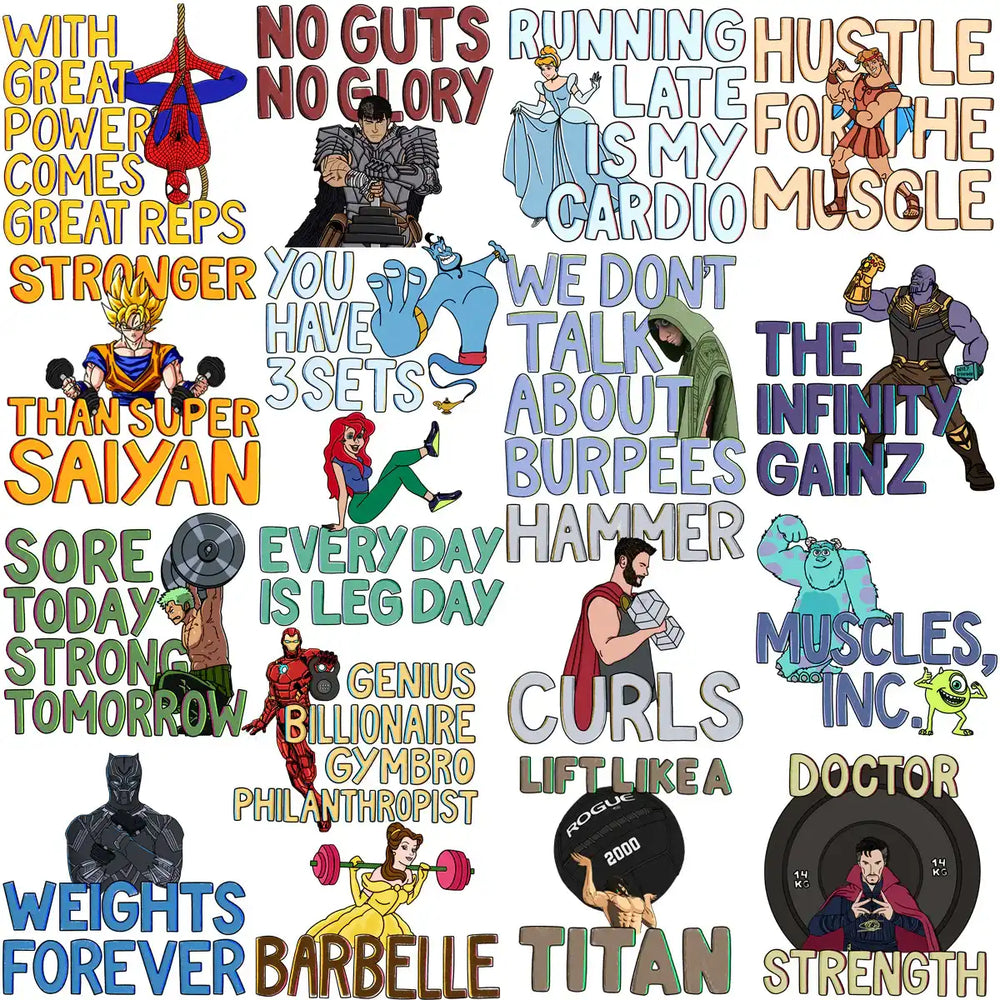 Funny gym quote designs with superhero & Disney characters for DTF, DTG, embroidery, tumbler wraps