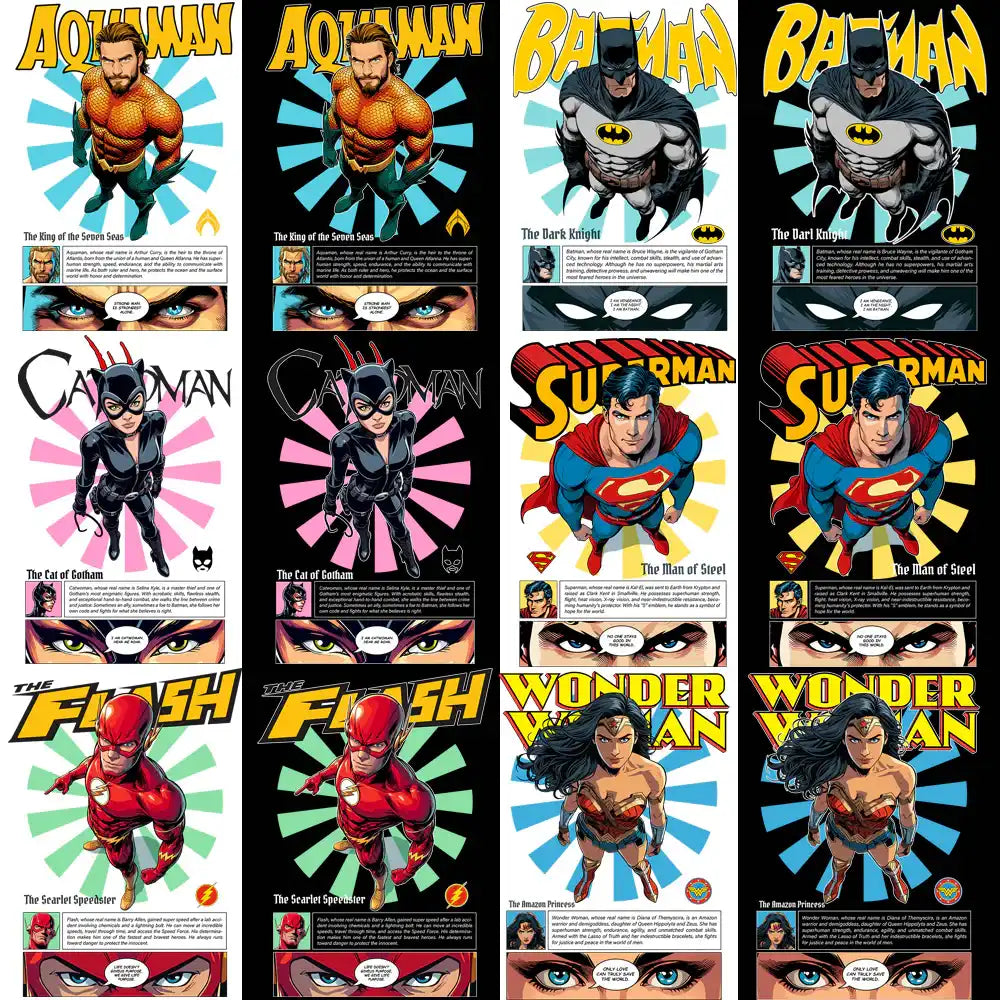 Superhero designs for DTF, DTG, embroidery & tumbler wraps — Aquaman, Batman, Catwoman, Superman, Flash, Wonder Woman