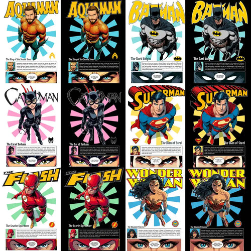 Superhero designs for DTF, DTG, embroidery & tumbler wraps — Aquaman, Batman, Catwoman, Superman, Flash, Wonder Woman
