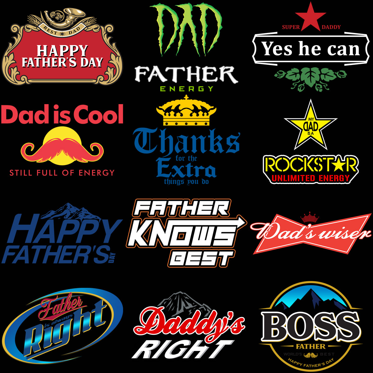 12 Dad Popular Drinks Logos Father's Day Designs Bundle PNG