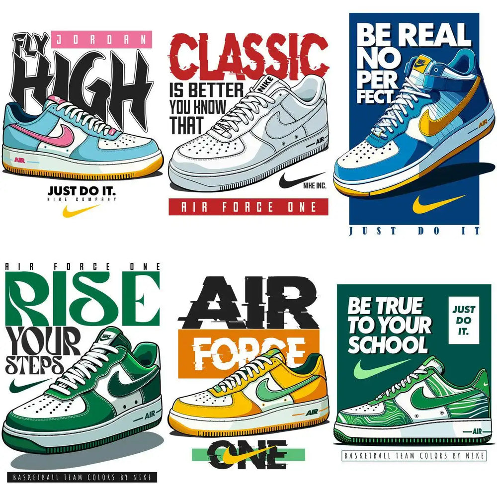 Nike Air Force One sneaker designs with bold text and vibrant colors for print-ready graphics.