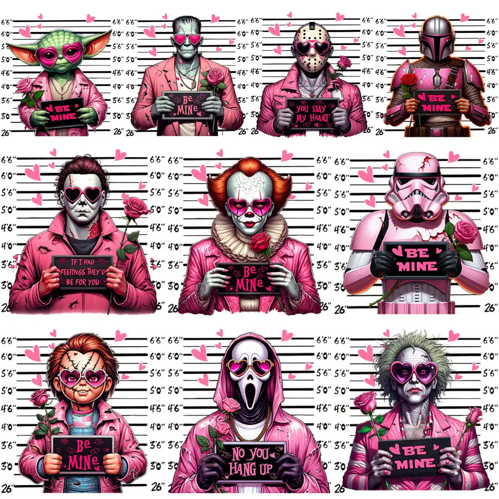 Valentine's horror characters in pink, holding roses and 'Be Mine' signs, perfect for DTF/DTG designs.