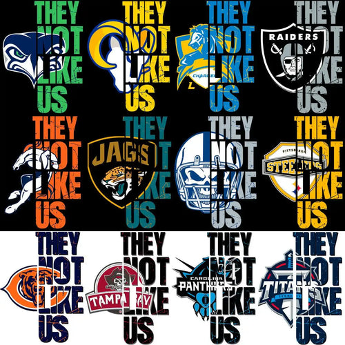 NFL team logos with 'They Not Like Us' text, print-ready designs for DTF, DTG, embroidery