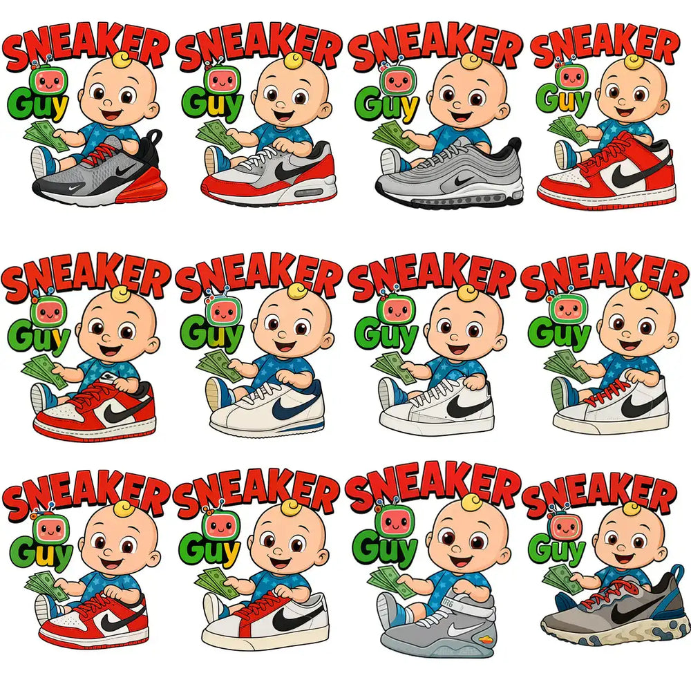 Cute baby cartoon 'Sneaker Guy' holding cash with various Nike sneakers, print-ready design bundle