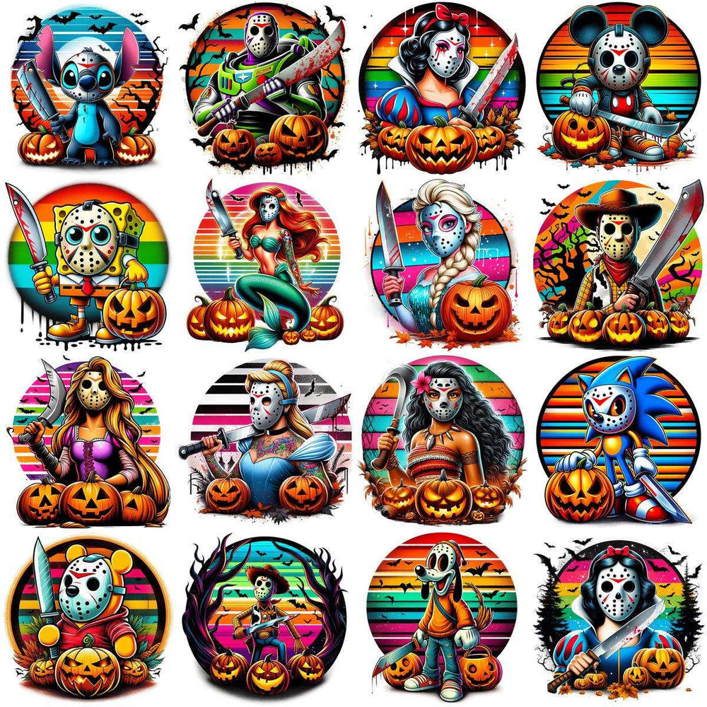 Halloween-themed designs with characters, pumpkins, and knives for DTF/DTG and embroidery projects.