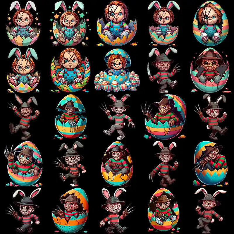 Halloween horror characters like Chucky & Freddy Krueger in Easter egg designs for DTF, DTG, embroidery