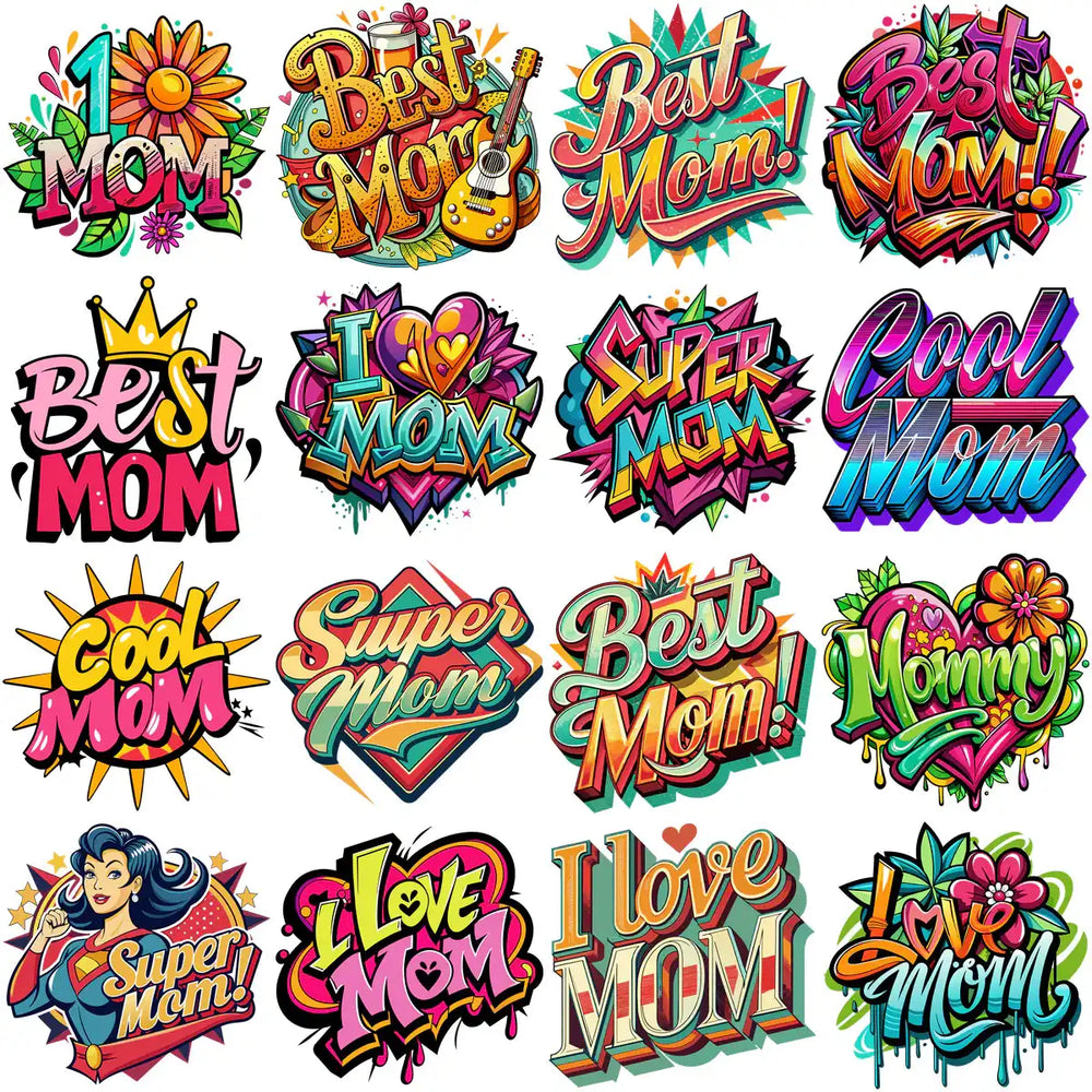 Vibrant Best Mom, Super Mom, I Love Mom graphic designs for DTF, DTG, embroidery, tumbler wraps