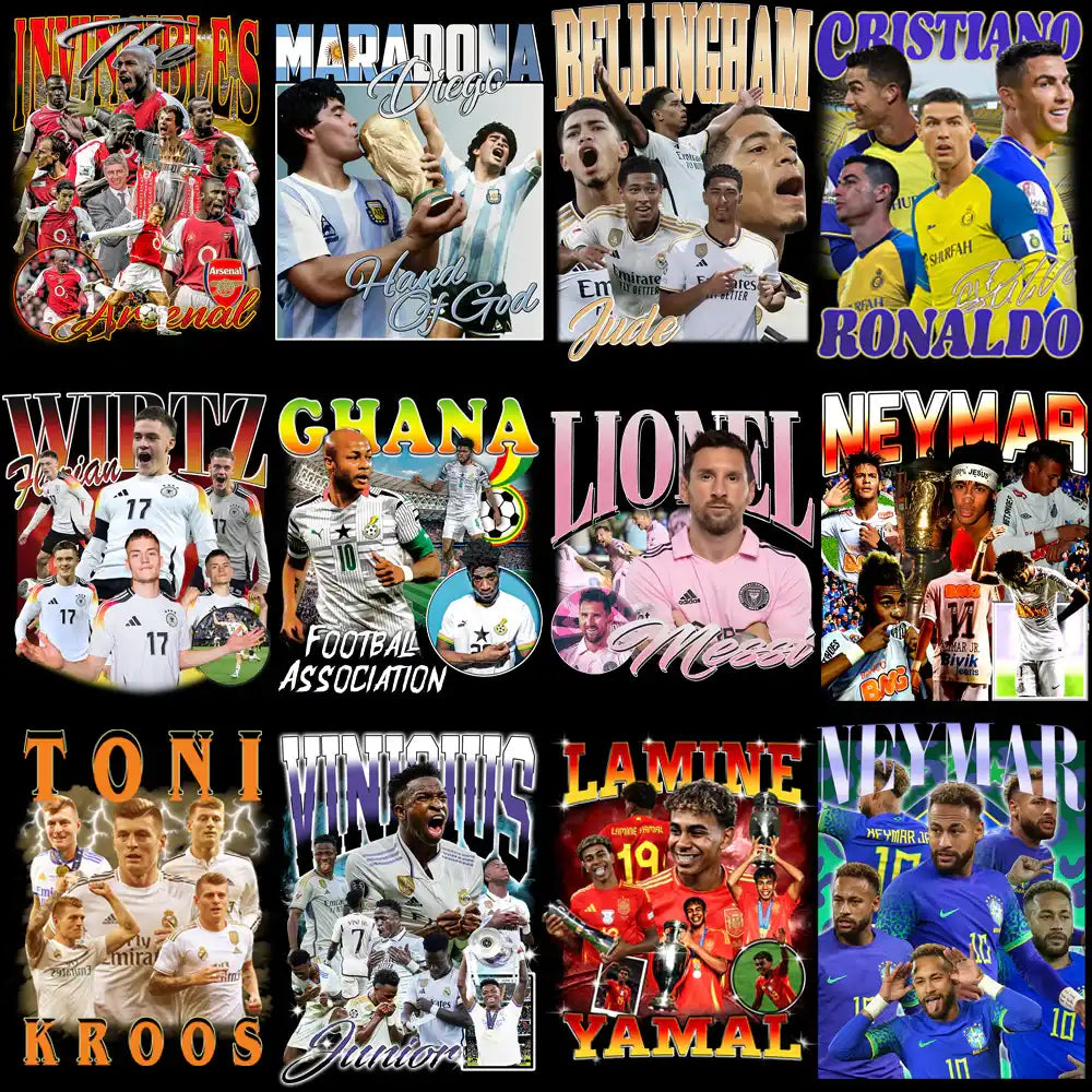 Football player designs for DTF/DTG, embroidery, and tumbler wraps featuring Messi, Ronaldo, Neymar, and more.