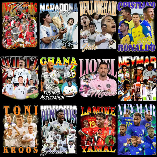 Football player designs for DTF/DTG, embroidery, and tumbler wraps featuring Messi, Ronaldo, Neymar, and more.