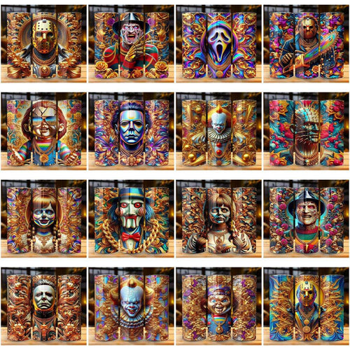 Vibrant horror-themed tumbler designs with intricate patterns and iconic characters for print-ready use.