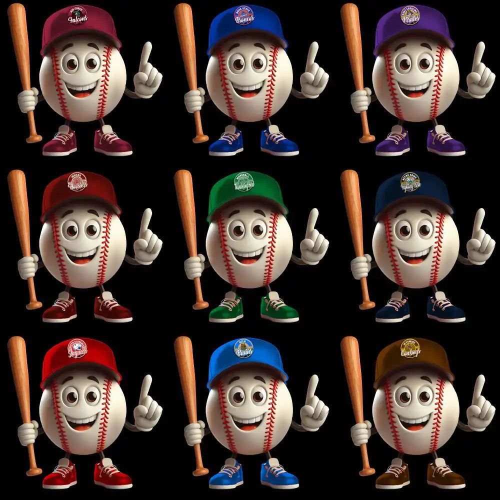 Cute baseball mascot characters in team caps and shoes, holding bats — perfect for DTF, DTG, or embroidery designs.