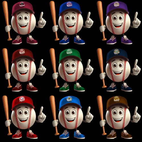 Cute baseball mascot characters in team caps and shoes, holding bats — perfect for DTF, DTG, or embroidery designs.