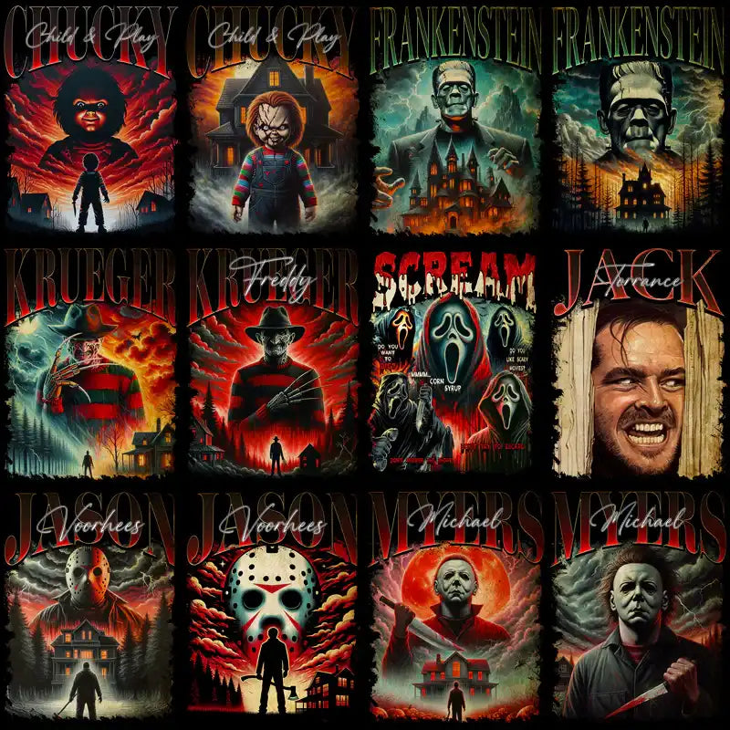 Halloween horror movie character designs for DTF/DTG, embroidery, and tumbler wraps