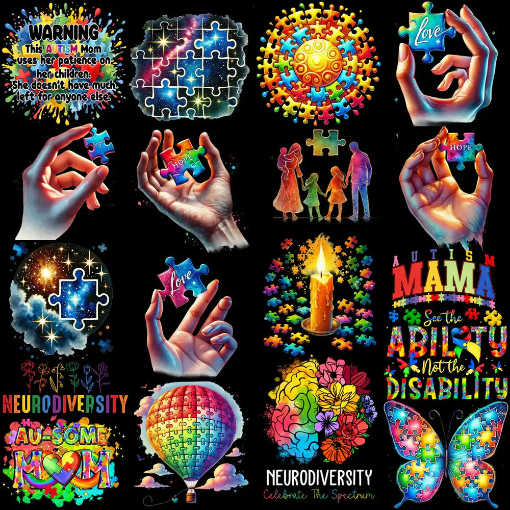 Autism awareness designs with puzzle pieces, love, hope, and neurodiversity themes for print-ready use.
