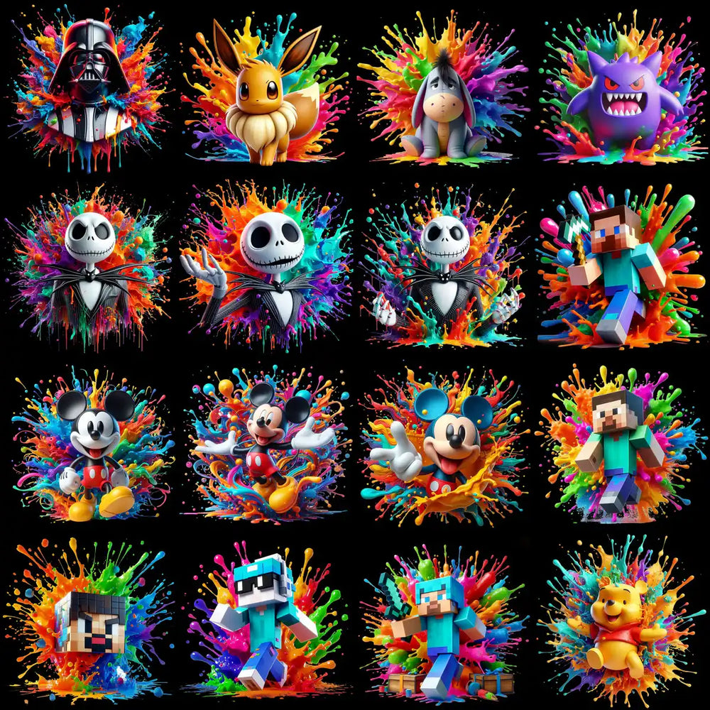 Vibrant pop culture characters with colorful paint splashes, perfect for DTF/DTG and embroidery designs.