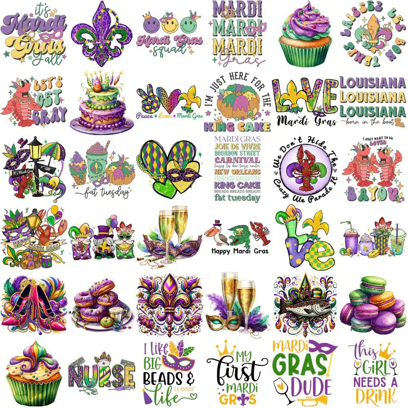 Mardi Gras designs bundle with fleur-de-lis, cupcakes, masks, and festive text for DTG, DTF, embroidery