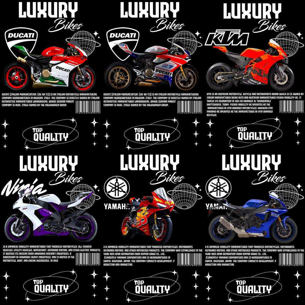 Luxury Bikes: Ducati, KTM, Ninja, Yamaha motorcycle designs for DTF/DTG, embroidery, tumbler wraps — print-ready PNG, SVG, PES