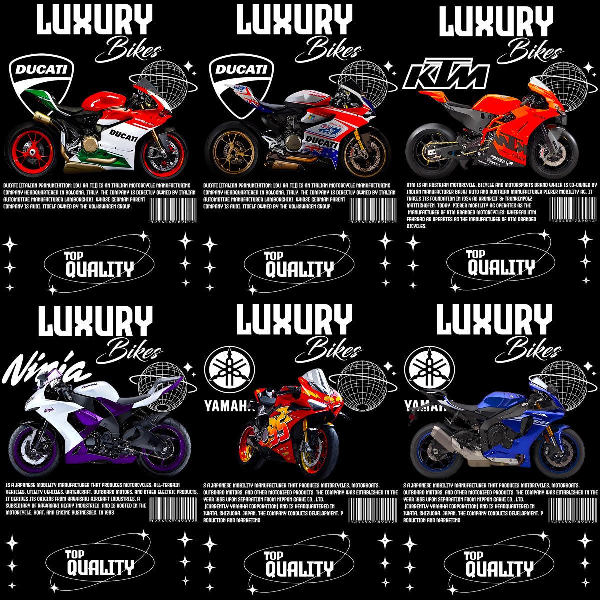 6 Luxury Bikes Streetwear Designs Bundle PNG PSD