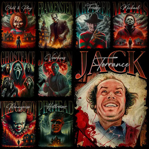 Horror movie character designs for DTF/DTG printing, embroidery, and tumbler wraps