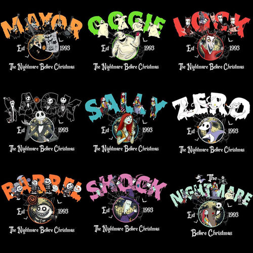 The Nightmare Before Christmas 1993 character designs with vibrant colors and spooky themes.