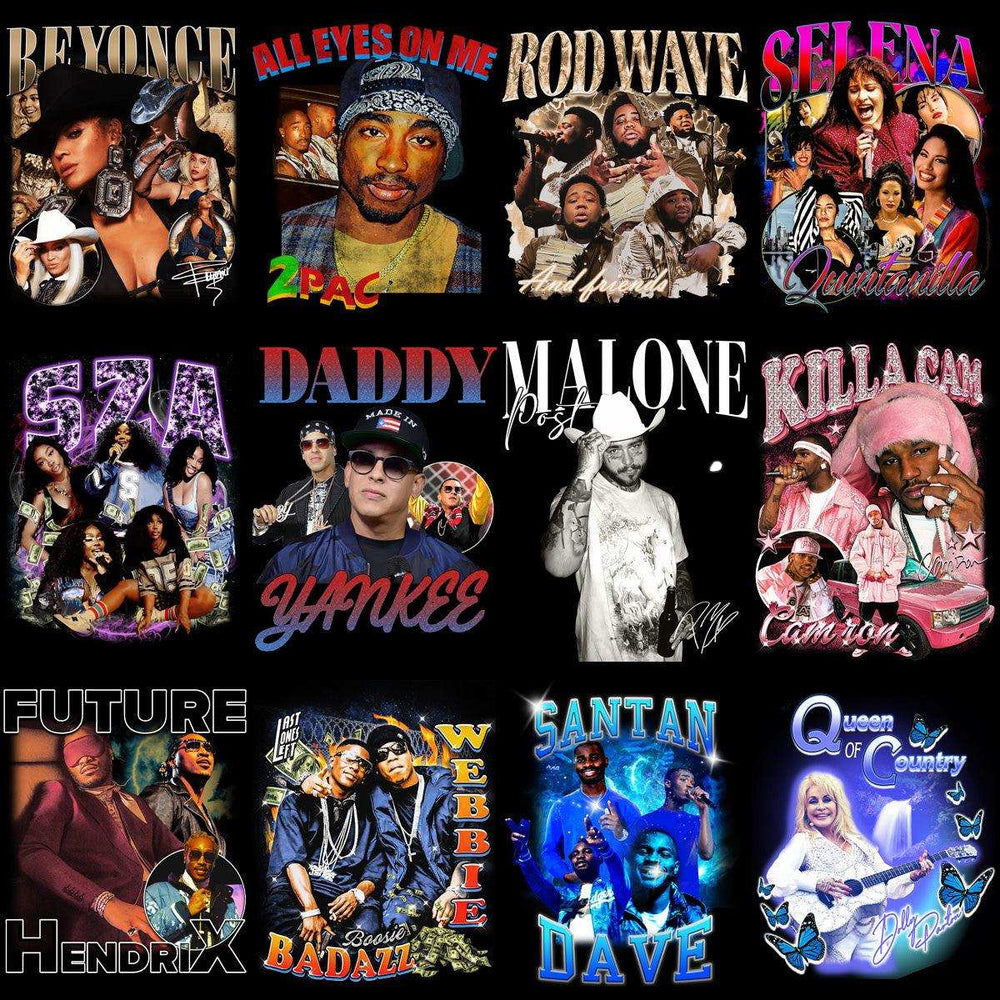 Print-ready celebrity designs for DTF/DTG, embroidery, and tumbler wraps featuring artists like Beyonce, 2Pac, and Selena.