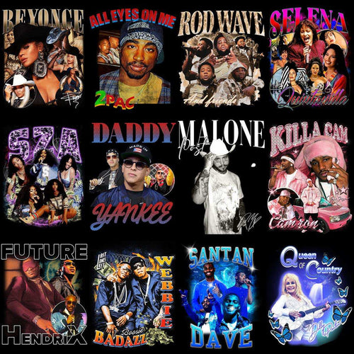 Print-ready celebrity designs for DTF/DTG, embroidery, and tumbler wraps featuring artists like Beyonce, 2Pac, and Selena.