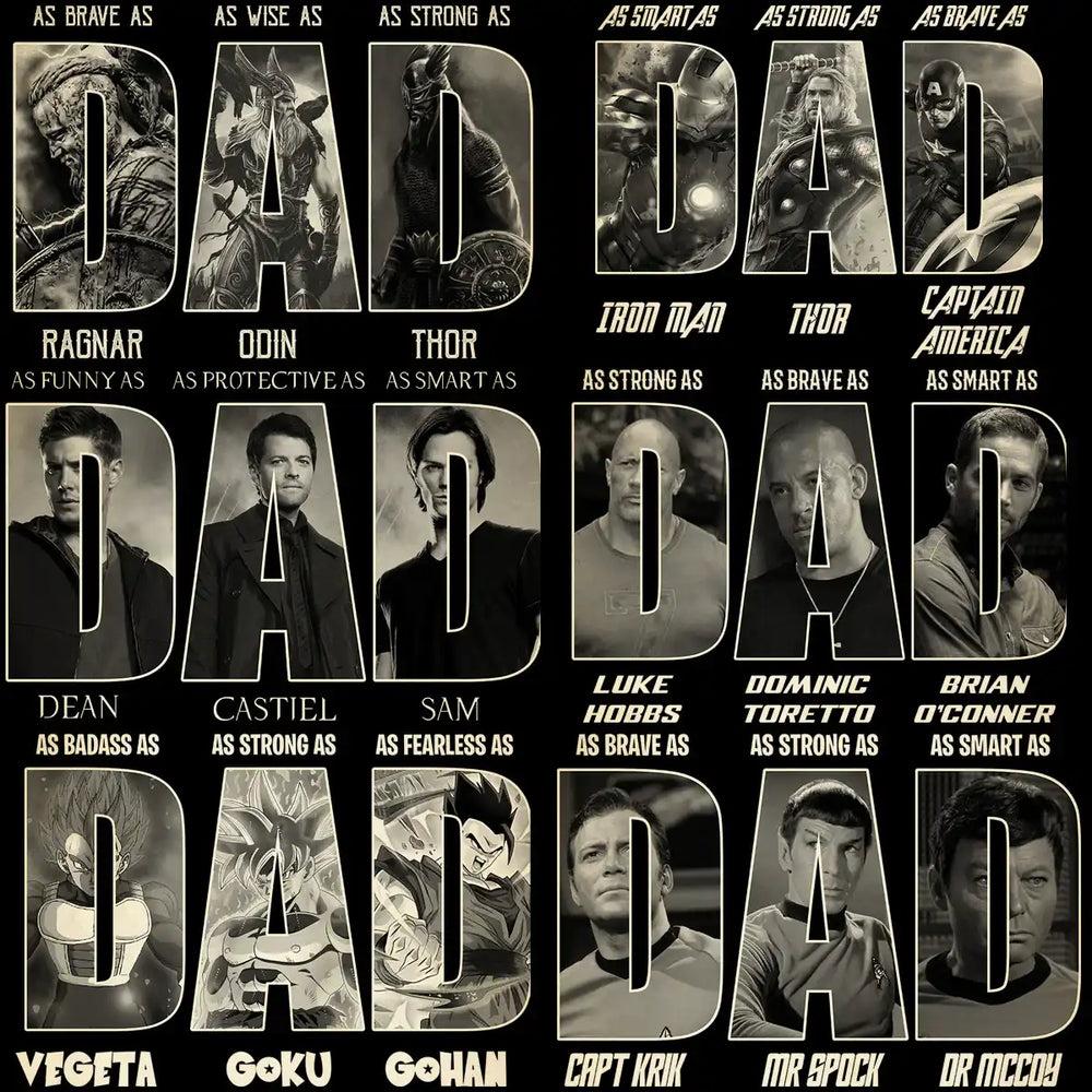 DAD letter art with superhero & movie character portraits, print-ready design for t-shirts or gifts