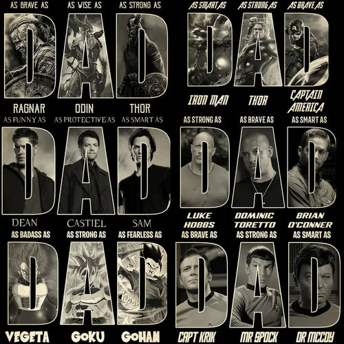 DAD letter art with superhero & movie character portraits, print-ready design for t-shirts or gifts