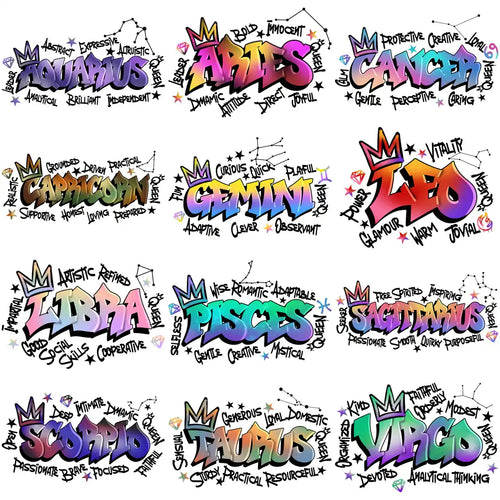 Vibrant zodiac sign designs with crowns and traits for DTF/DTG, embroidery, and tumbler wraps