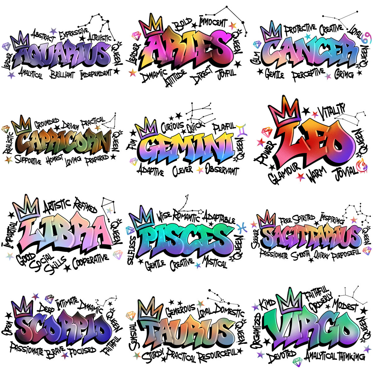 12 Zodiac Graffiti Designs Bundle PNG