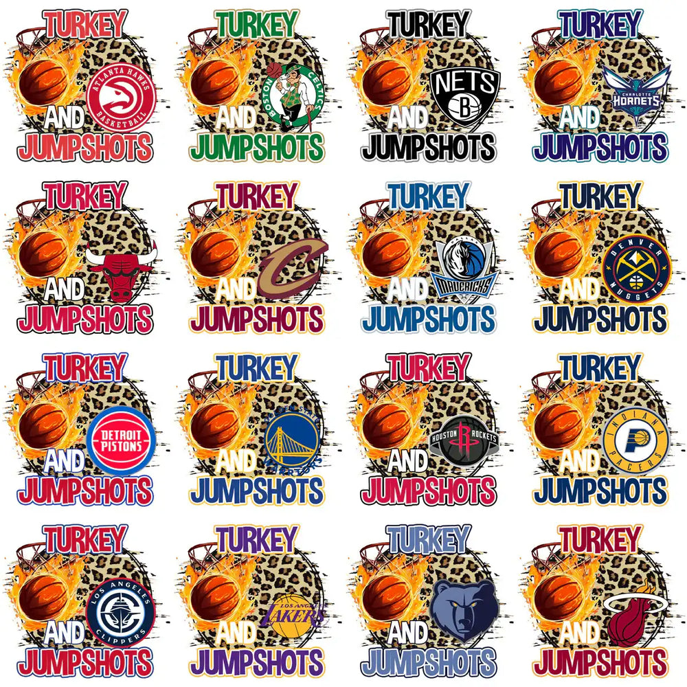 Basketball designs with team logos, 'Turkey and Jumpshots' text, leopard print, and flame effects