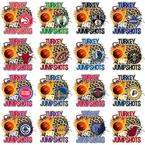 Basketball designs with team logos, 'Turkey and Jumpshots' text, leopard print, and flame effects