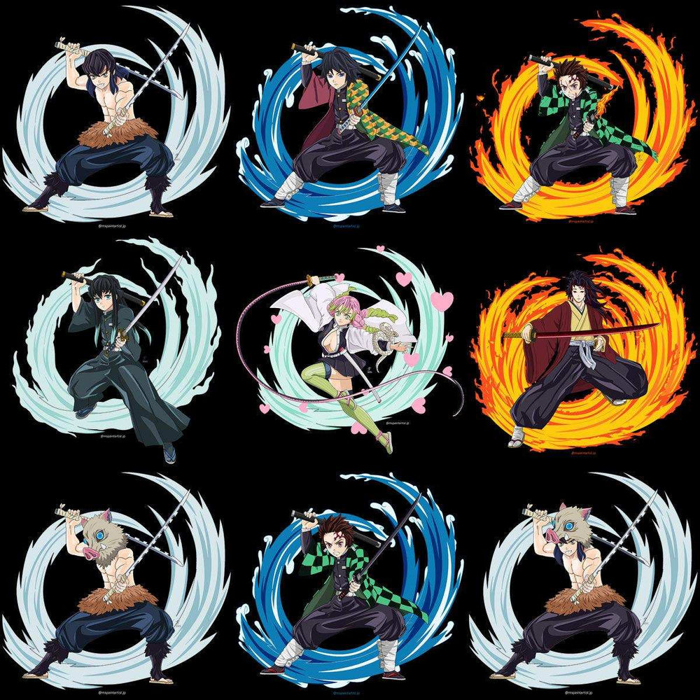 Demon Slayer anime characters in dynamic poses with elemental effects, print-ready for DTF DTG embroidery