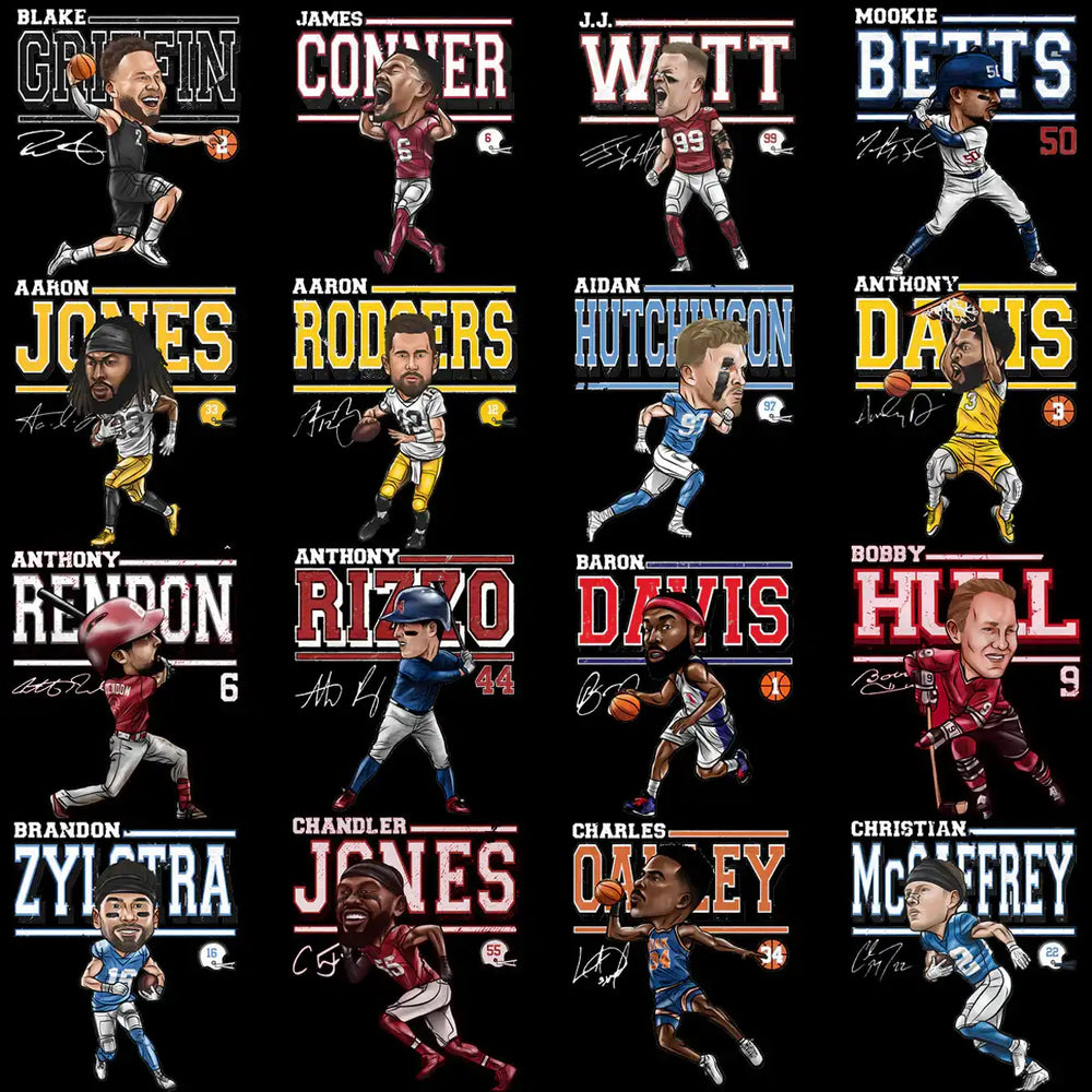 Caricature athlete designs for DTF DTG printing, featuring sports stars in action poses with names and numbers.