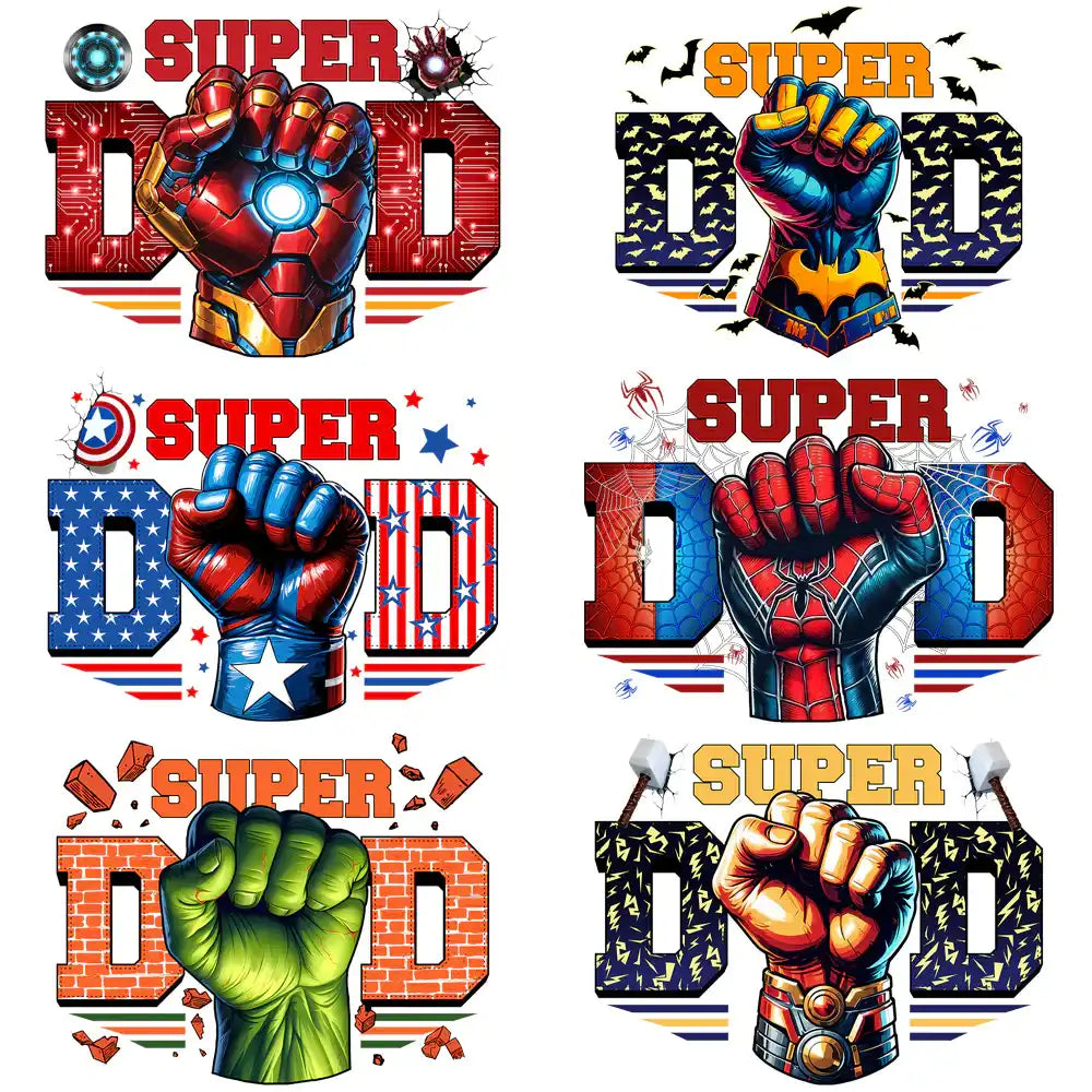 Super Dad superhero t-shirt designs with Iron Man, Batman, Captain America, Spider-Man, Hulk & Thor fists