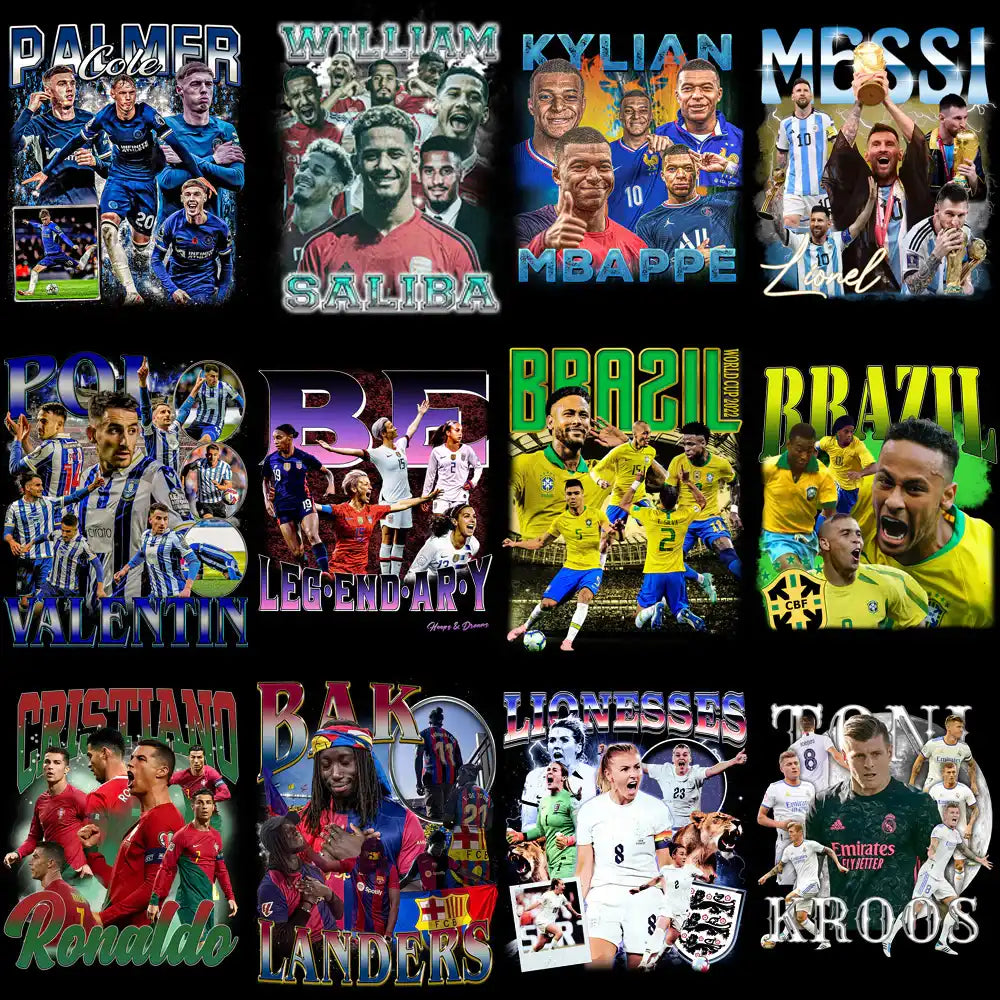 Soccer player designs for DTF/DTG, embroidery & tumbler wraps – Messi, Neymar, Ronaldo, Mbappe & more