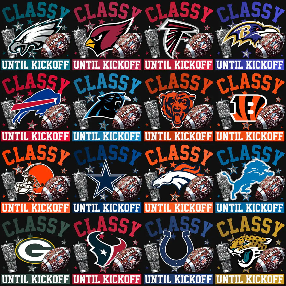 Classy Until Kickoff NFL team designs with footballs, helmets, and tumblers for DTF/DTG printing