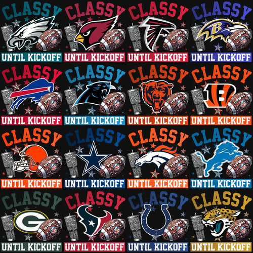 Classy Until Kickoff NFL team designs with footballs, helmets, and tumblers for DTF/DTG printing