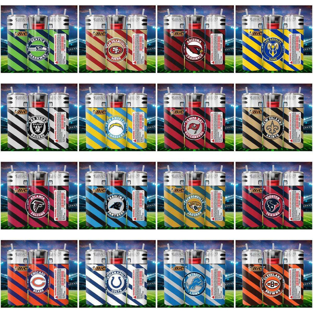 NFL team-themed BIC lighters with striped designs, perfect for fans and collectors