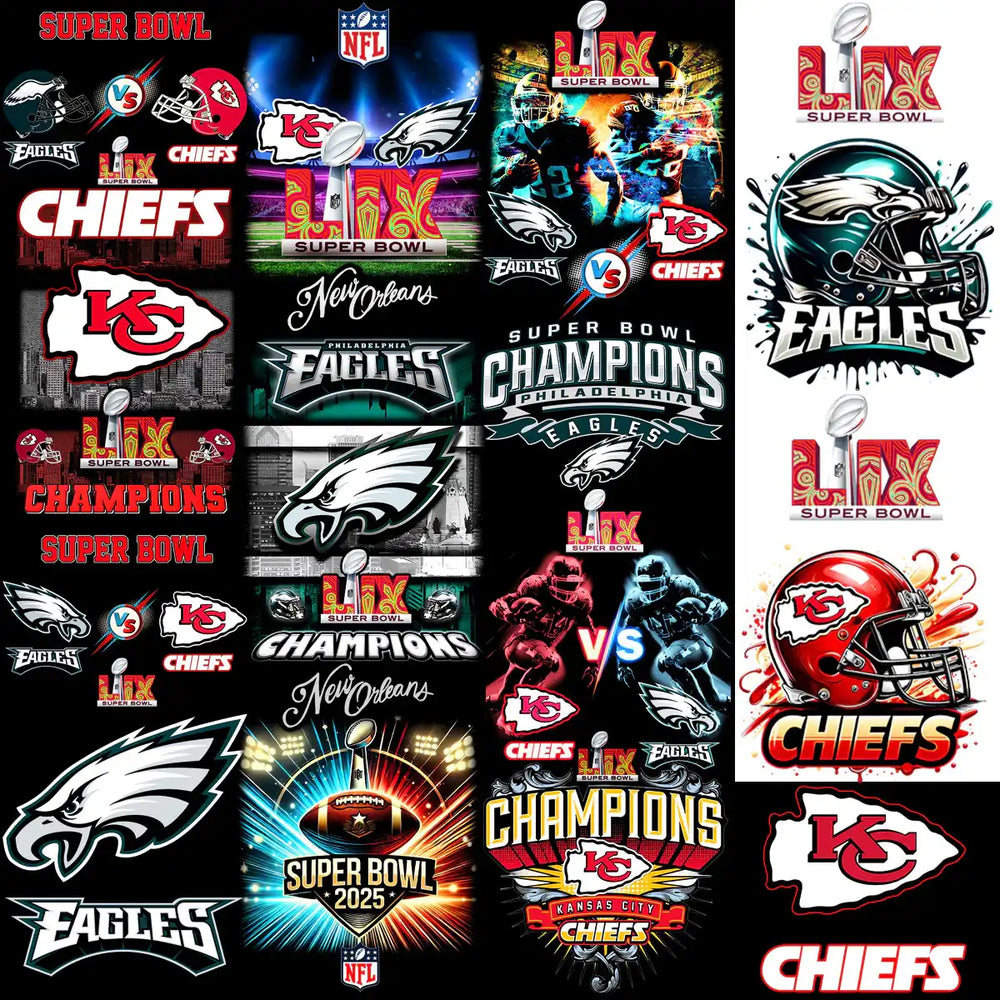 Super Bowl LIX Chiefs vs Eagles designs, NFL team logos, champions graphics for DTF DTG print