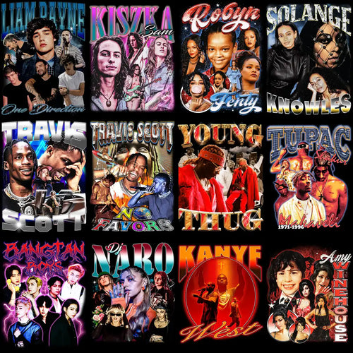 Music artist collage with print-ready designs for DTF, DTG, embroidery, and tumbler wraps