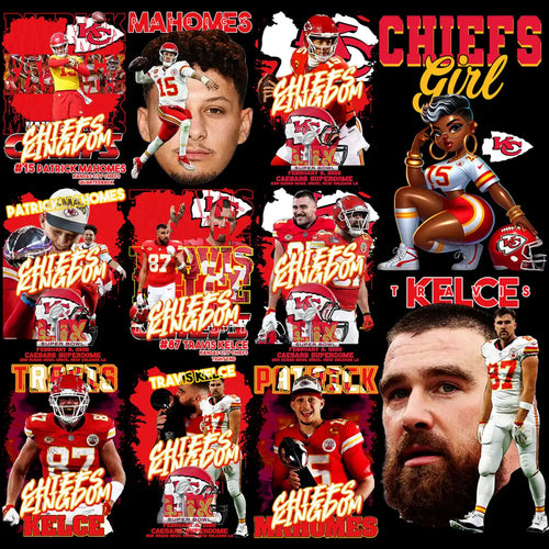 Kansas City Chiefs football designs featuring Patrick Mahomes and Travis Kelce for DTF, DTG, and embroidery