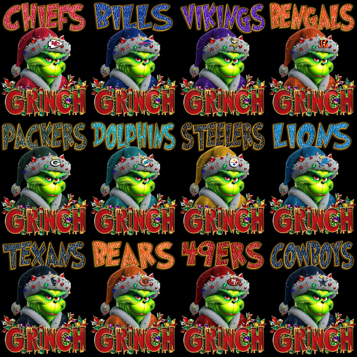 32 Christmas Grinch Football Teams Designs Bundle PNG