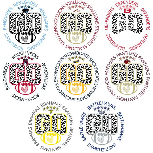 Leopard print football designs with team names and heart motifs for embroidery and DTG