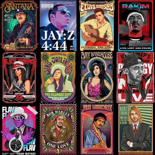 Music artist posters for DTF/DTG printing: Santana, Jay-Z, Elvis, Rakim, Alice Cooper, Janis Joplin, Amy Winehouse, Biggie, Flav, Marley, Hendrix, Cobain