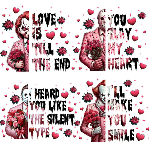 Horror Valentine's Day designs with Chucky, Jason, Michael Myers & Pennywise holding roses, hearts, and romantic text for DTF/DTG prints.