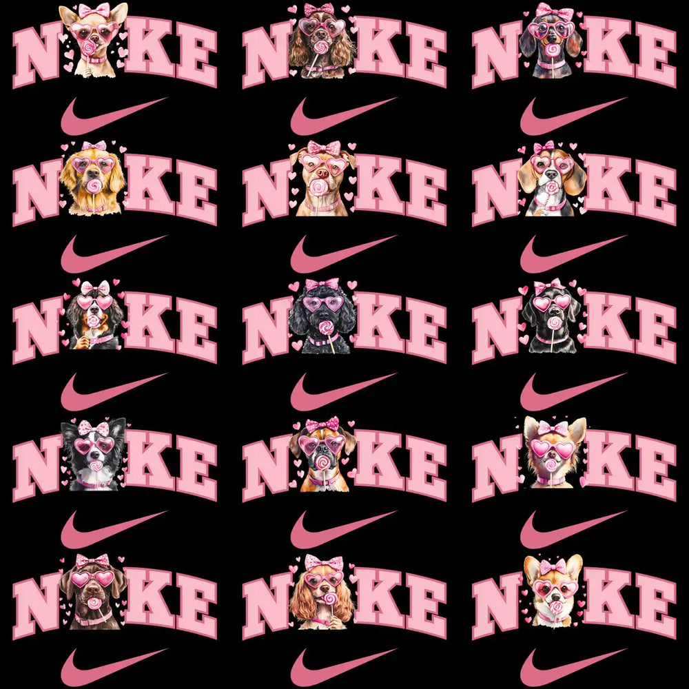 Cute dogs with pink heart glasses and lollipops, Nike logo design bundle for DTG/DTF printing