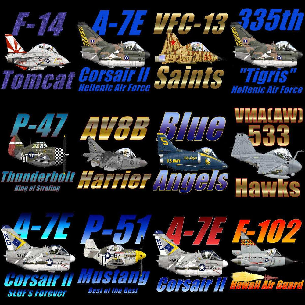 Military aircraft designs including F-14 Tomcat, A-7E Corsair II, and Blue Angels for print-ready use